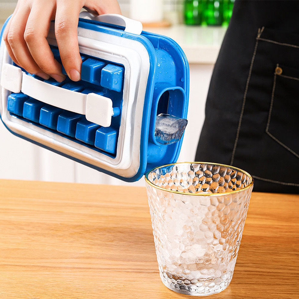 (32-fach) Kunststoff Eiswürfel Form DIY Ice Cube Maker Behälter Ausziehbar mit Griffe   Verschluss - Blau