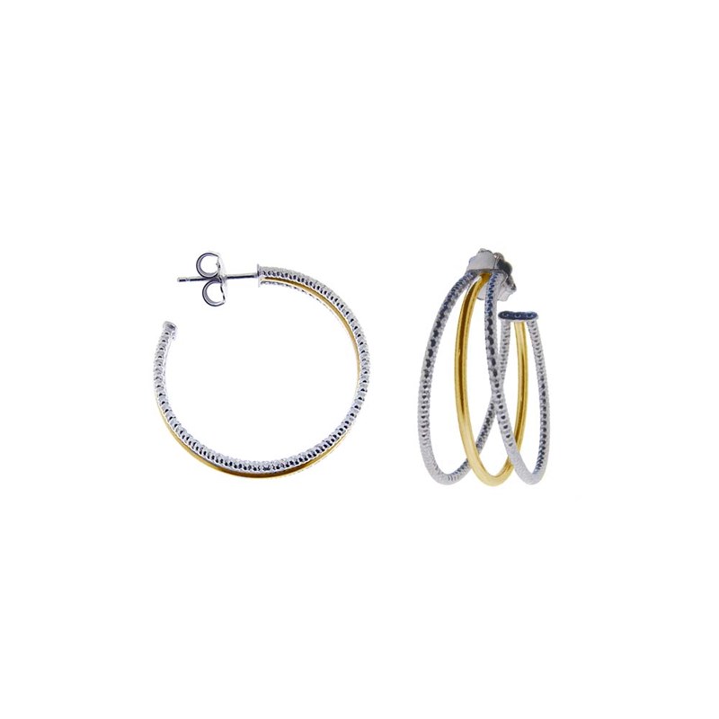 Boucles D Oreilles Créoles Trois Anneaux Argent Rhodié Doré Diamantée Et Lisse Diamètre 34mm