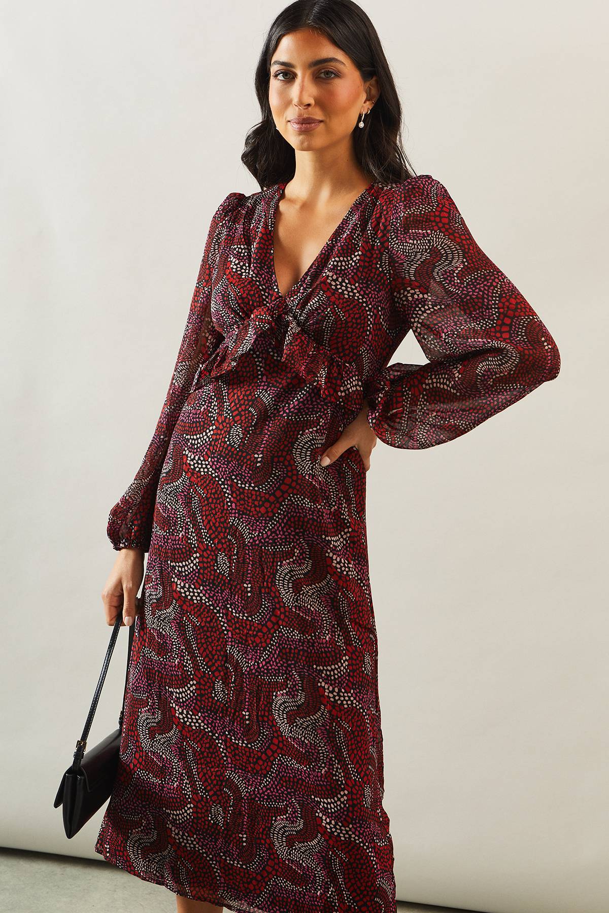 Wallis Robe Midi Imprimée à Col V avec Détail Volant