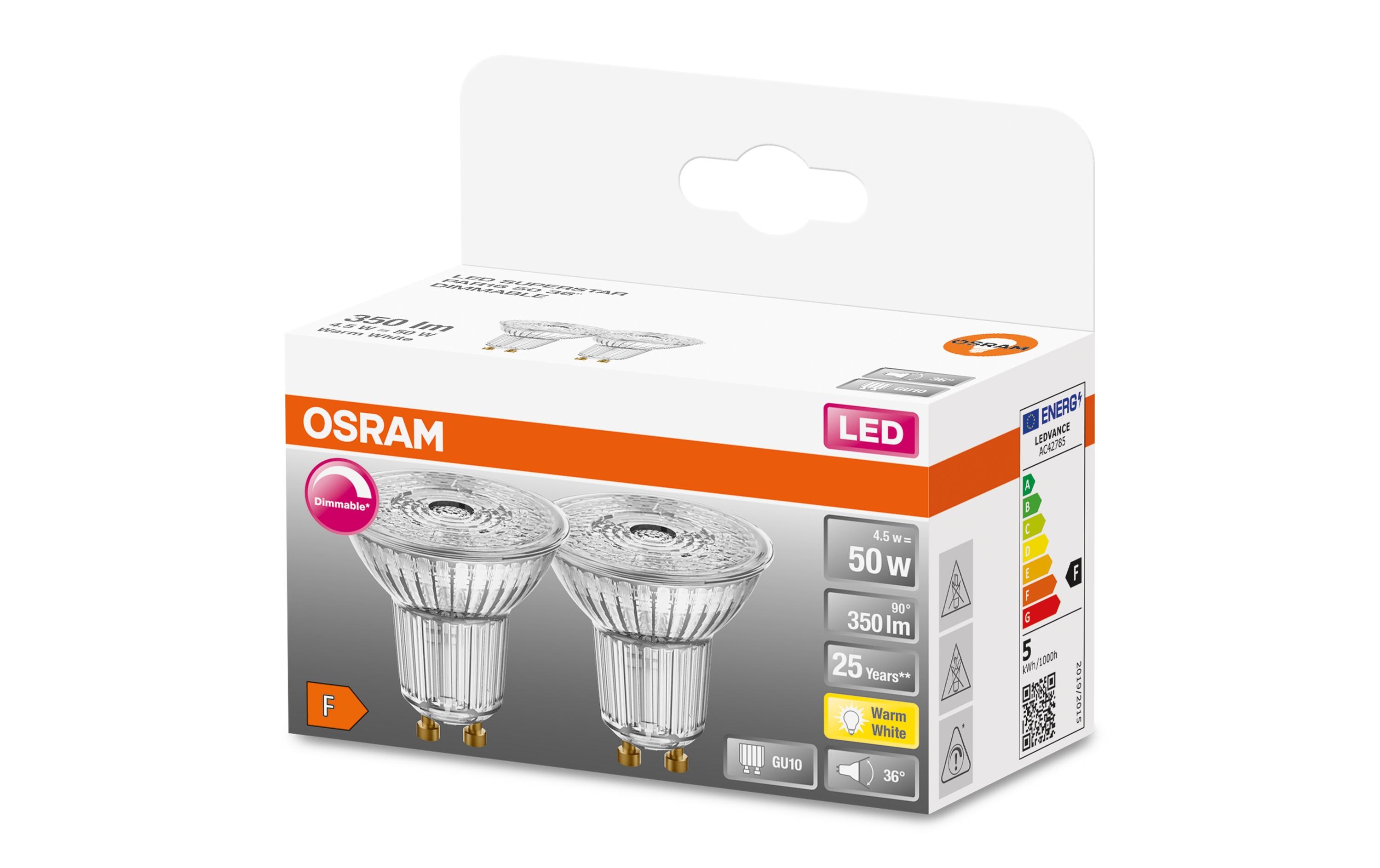 Lampe Superstar Par 16 36 °, 4.5W, GU10, Warmweiss, 2 StückDimmbare LED-Reflektorlampen PAR16 mit Retrofit-Stecksockel