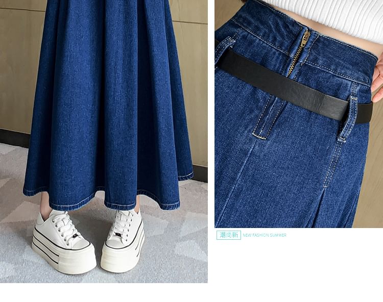 Frigga - Gewassen geplooide maxi-A-lijn denim rok met hoge taille en riem