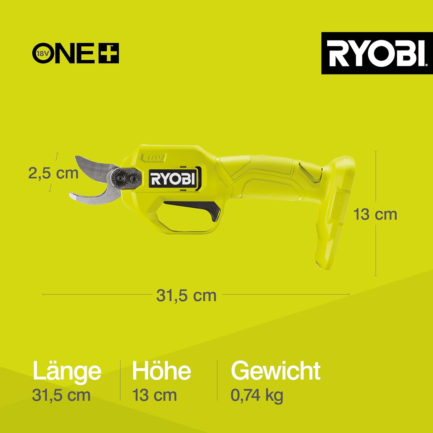 RYOBI 18 V ONE+ Akku-Gartenschere RY18SCA-0 (25 mm Schnittkapazität, 2,5 Sekunden für einen Schnittvorgang, SK5-Stahlklingen, ohne Akku und Ladegerät)