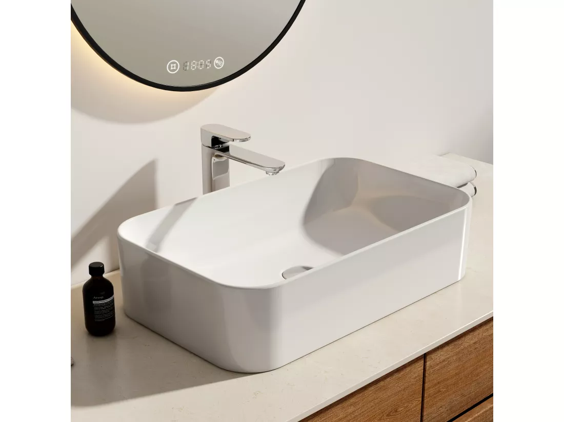 EMKE Vasque à poser céramique 61×38×15cm, Lavabo salle de bain rectangulaire, Lavabo en céramique blanc brillant