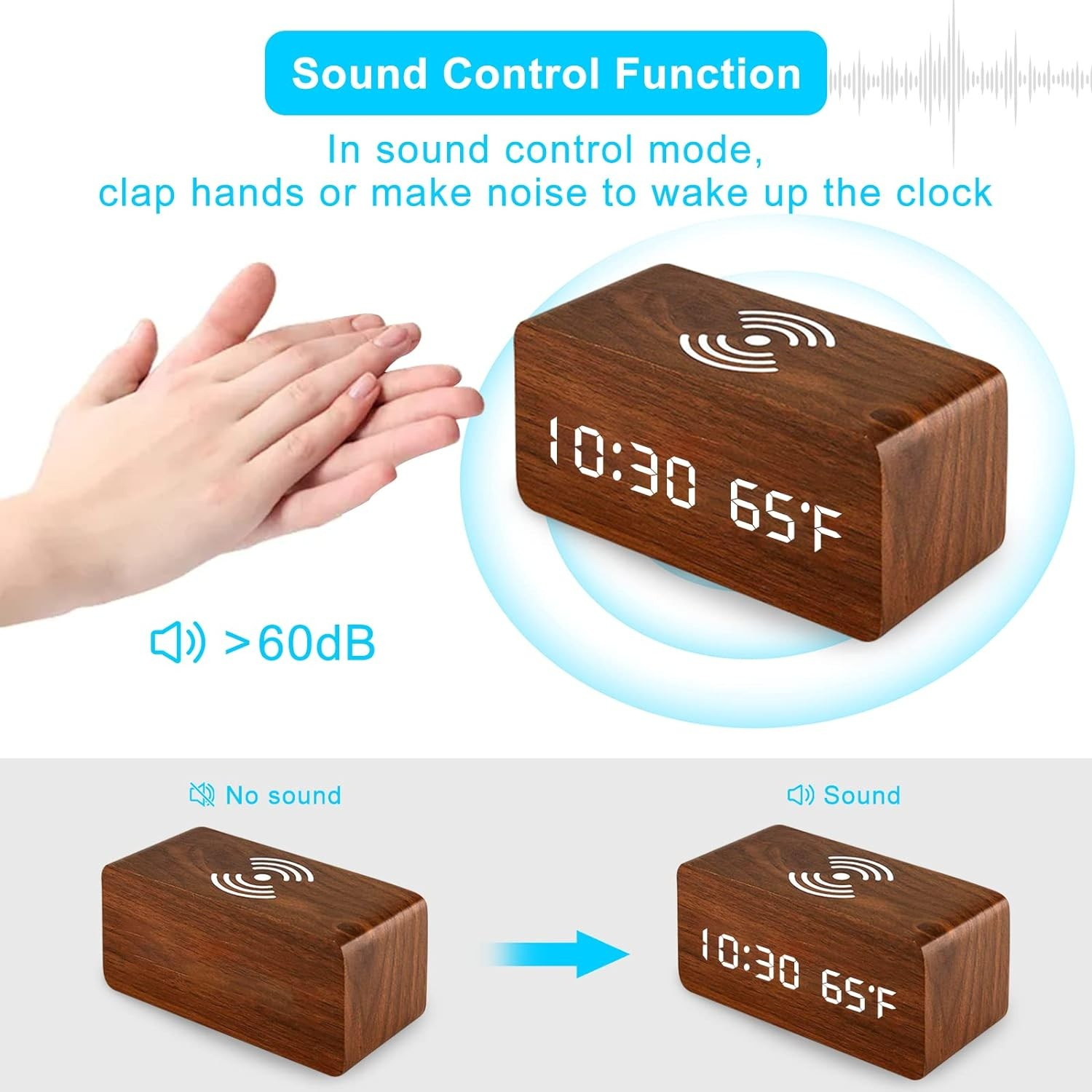 3in1 LED Holz Wecker USB Nachttisch Uhr mit Integrierter Ladestation Qi Wireless Ladegerät / Temperatur Anzeige - Braun