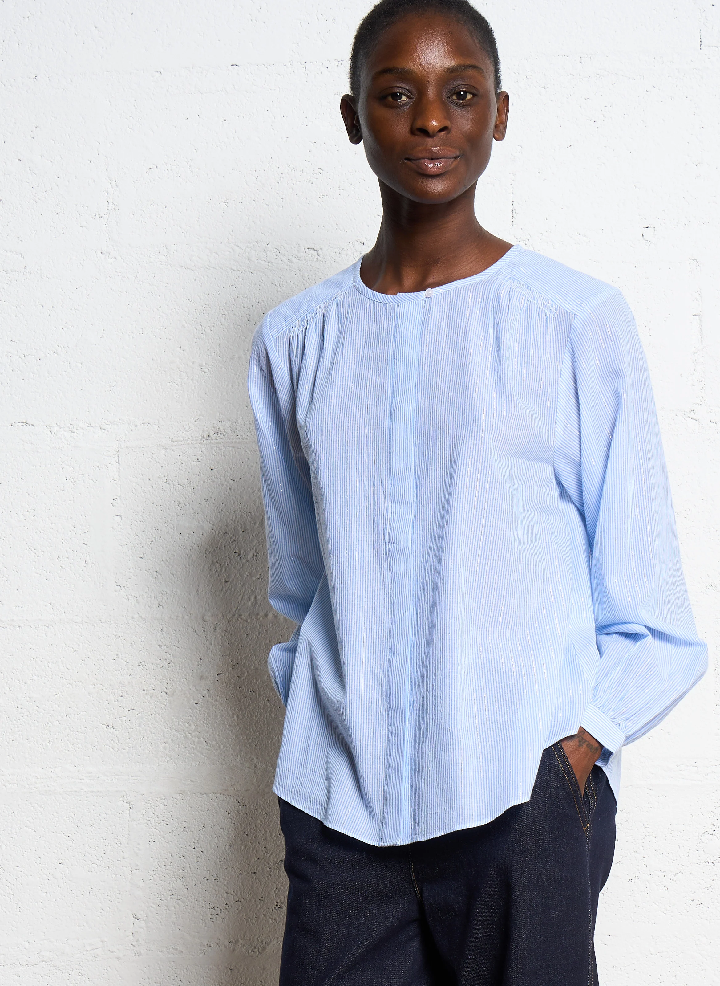 CHARLINIE - Blouse col rond rayée en coton mélangé | Bleu