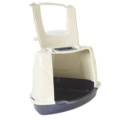 Caixa de areia triangular fechada para gatos com porta articulada, multicolorida.