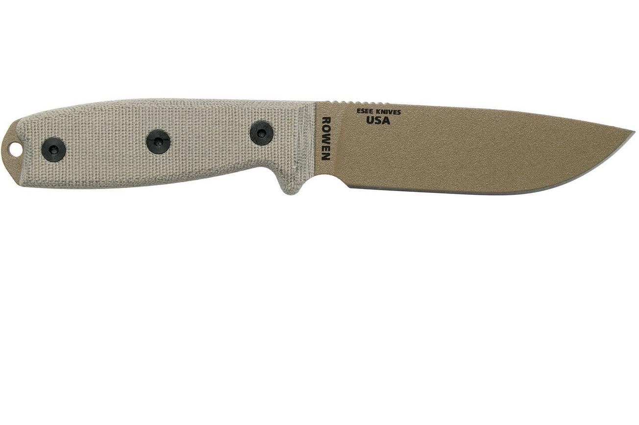 ESEE Model 4 dark earth blade, grey handle 4P-MB-DE met zwarte schede   clip en MOLLE-back