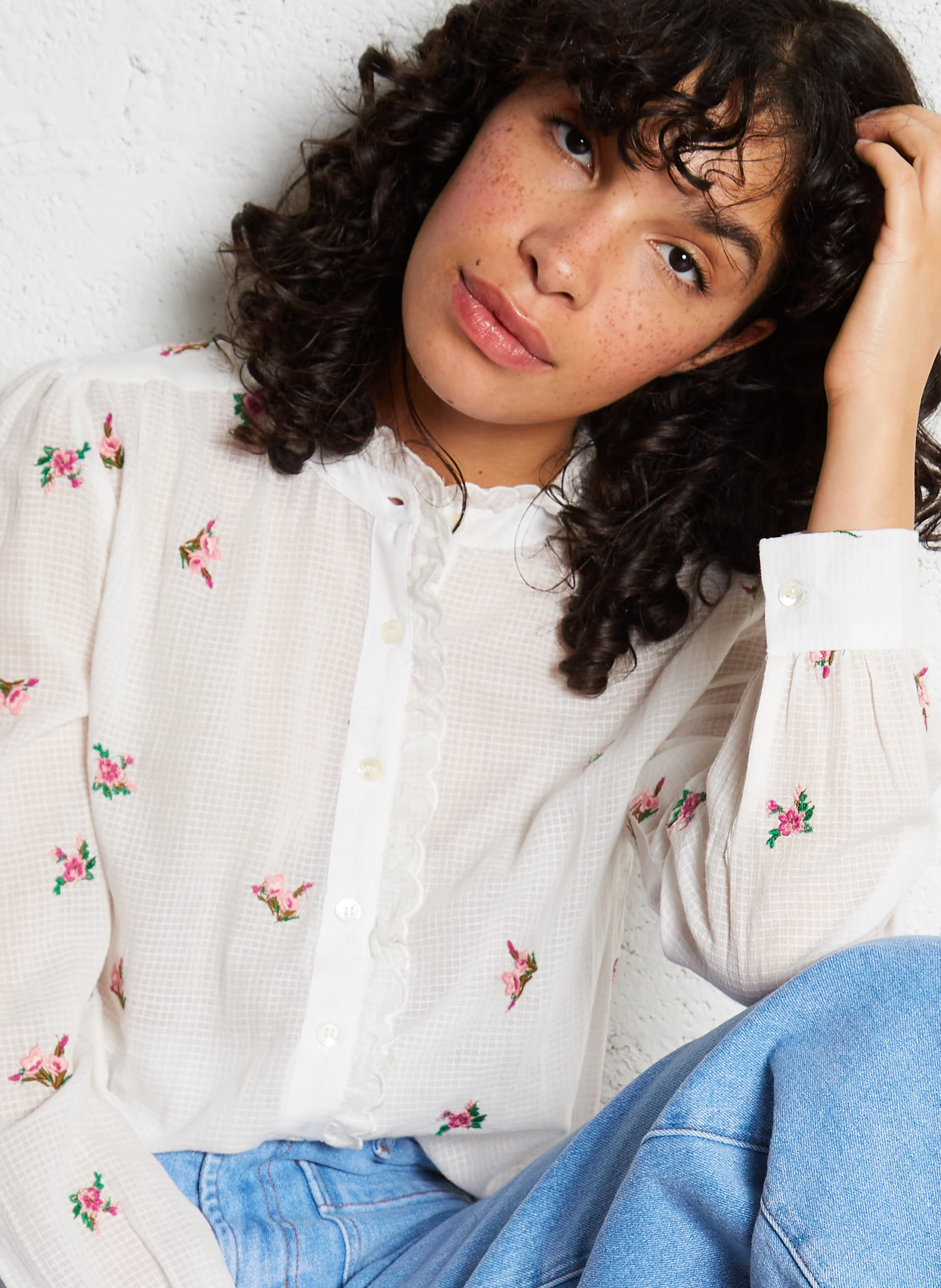 BAYA - Chemise droite col rond en coton | Blanc