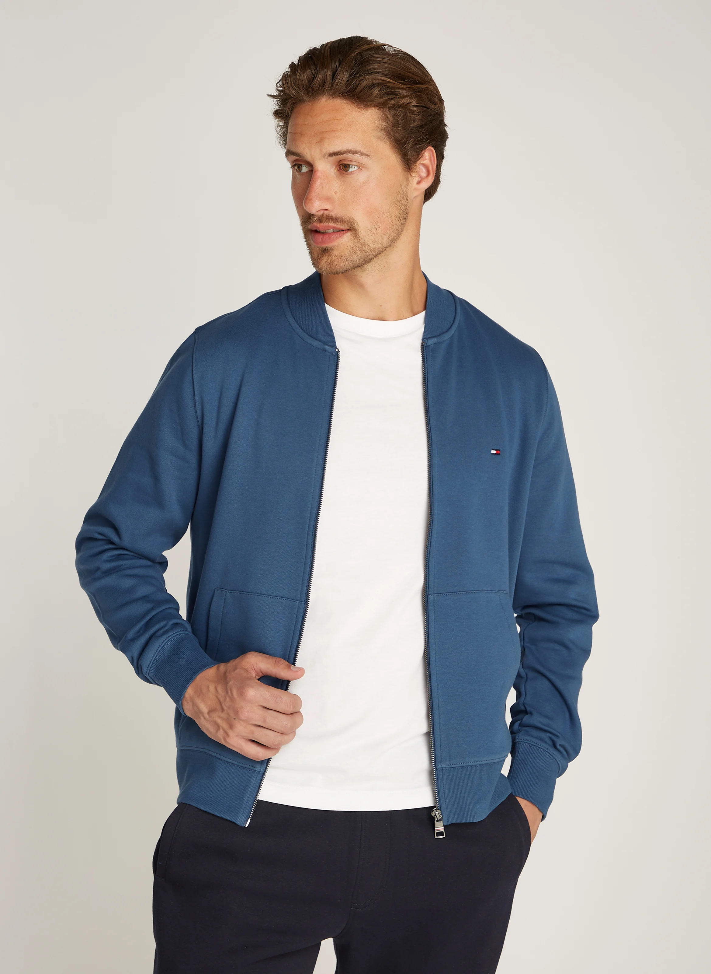 Sweat col rond zippé en coton mélangé | Bleu