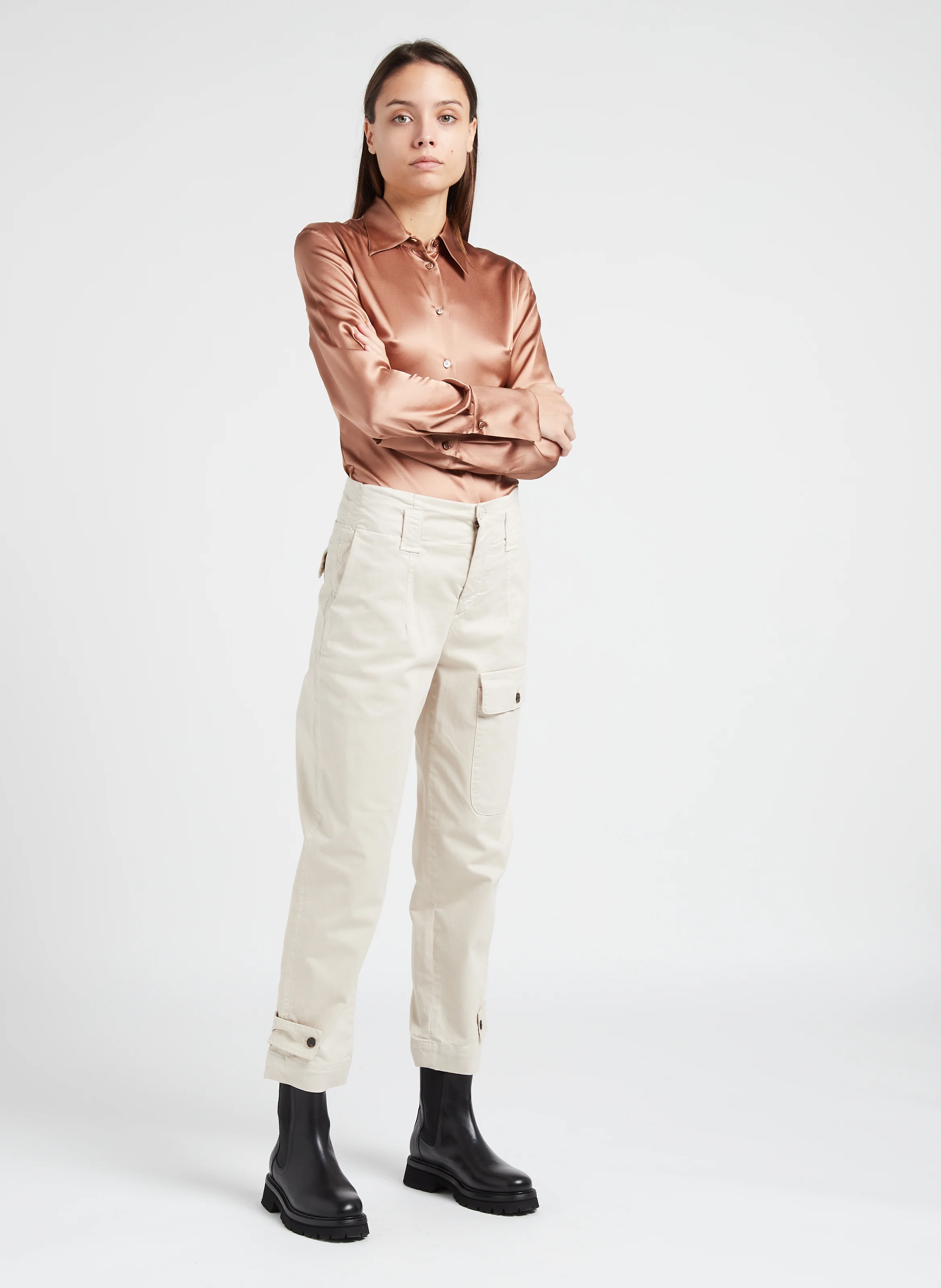 CRIMINALE - Chemise satinée en soie stretch| Marron