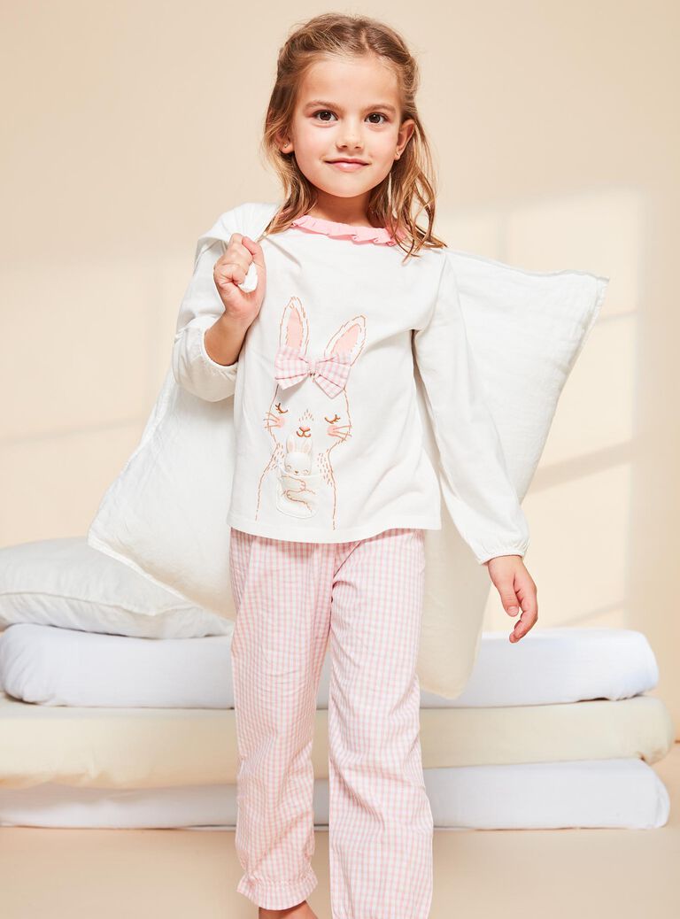 Ensemble pyjama écru à lapin et à carreaux