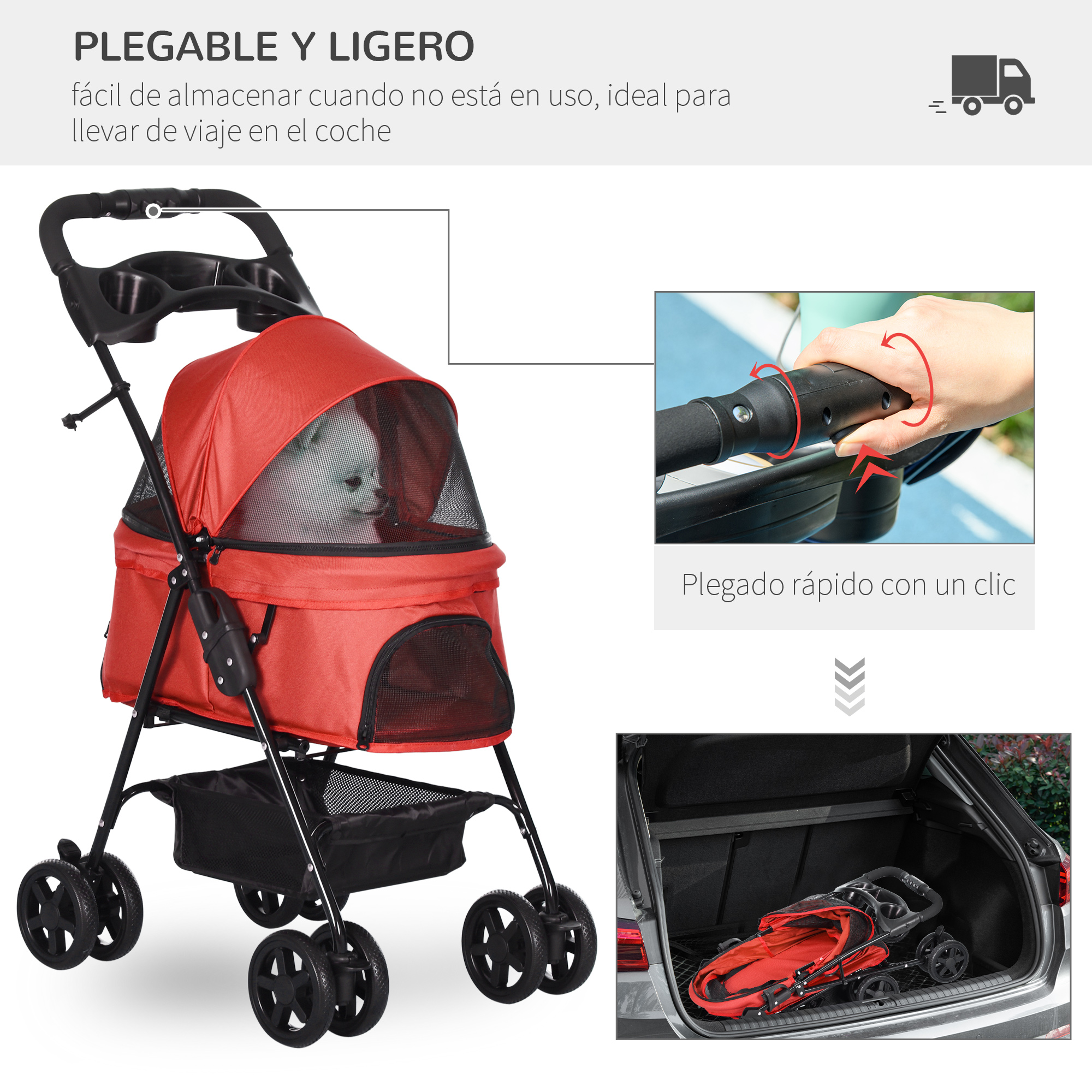 Carrinho de passeio dobrável para animais de estimação, vermelho