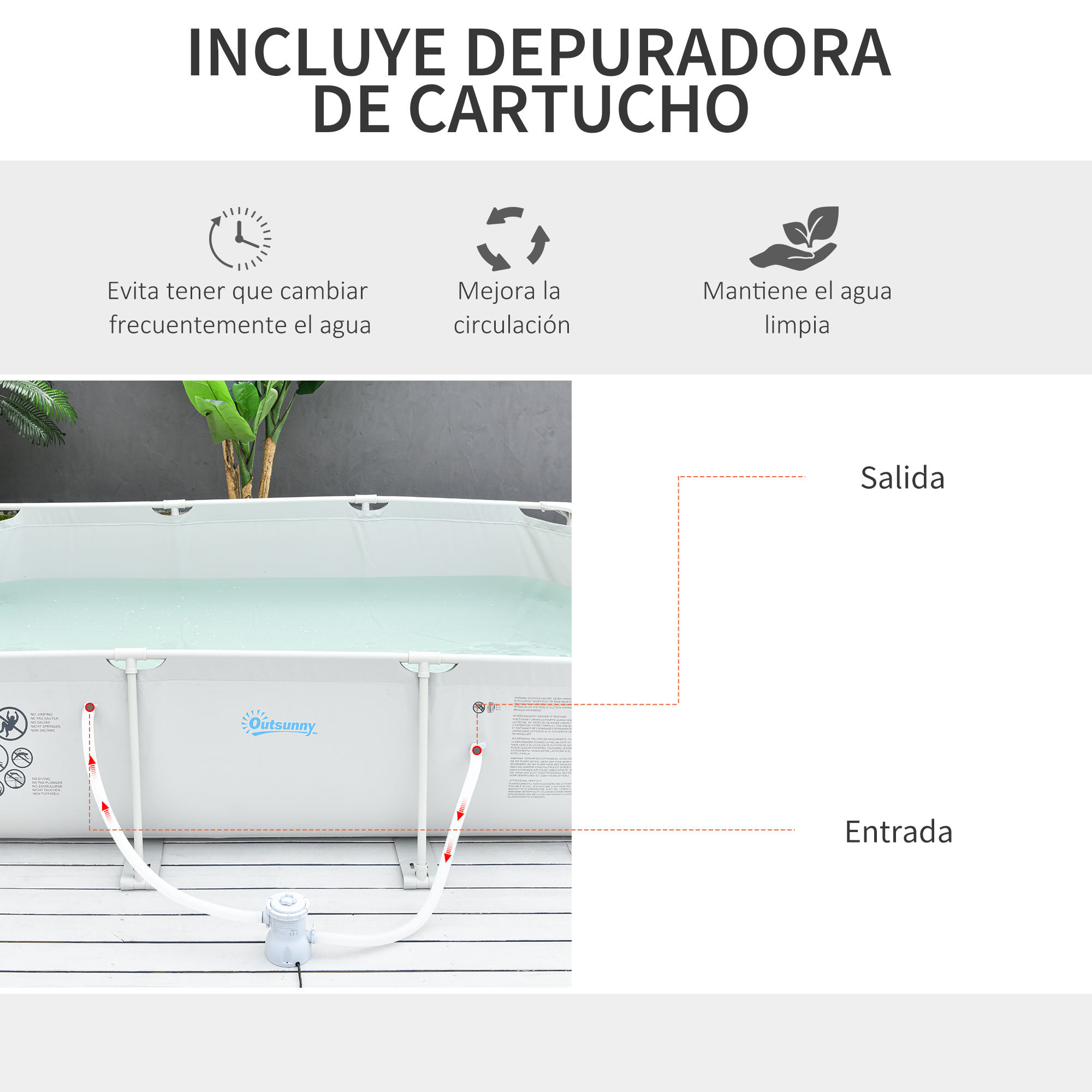Piscina tubular Outsunny de 292x190x75 cm com bomba de filtro de cartucho de 1200L/H, piscina retangular para exterior para adultos e crianças, capacidade de 3600L, cinza.