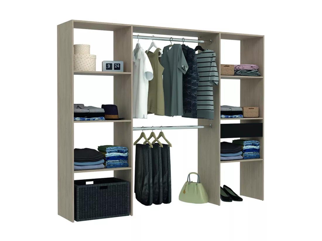 Dressing bois avec 6 étagères, 1 tiroir, 2 penderies : 220 x 40 x 180 cm ELYSEE