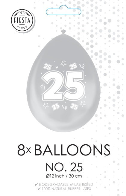 Zilver Ballonnen 25 Jaar Metallic Dubbelzijdig 30cm 8st