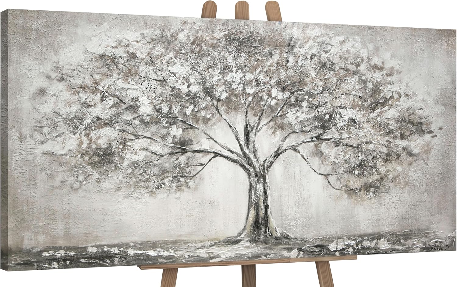 YS-Art Acryl Gemälde auf Leinwand handgemalt Lebensbaum Abstrakte Kunst Bilder Wohnzimmer Wandbilder modern mit grau Farben Grauen Farben 160x80 cm