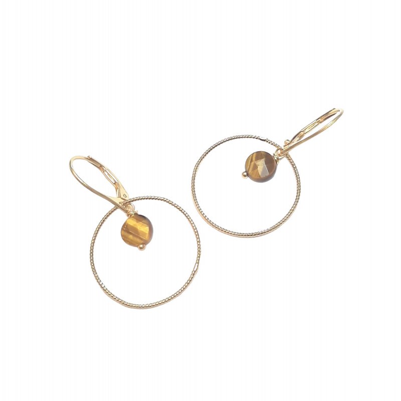 Boucles d'Oreilles Krahô OEil de Tigre Argent 925 Doré