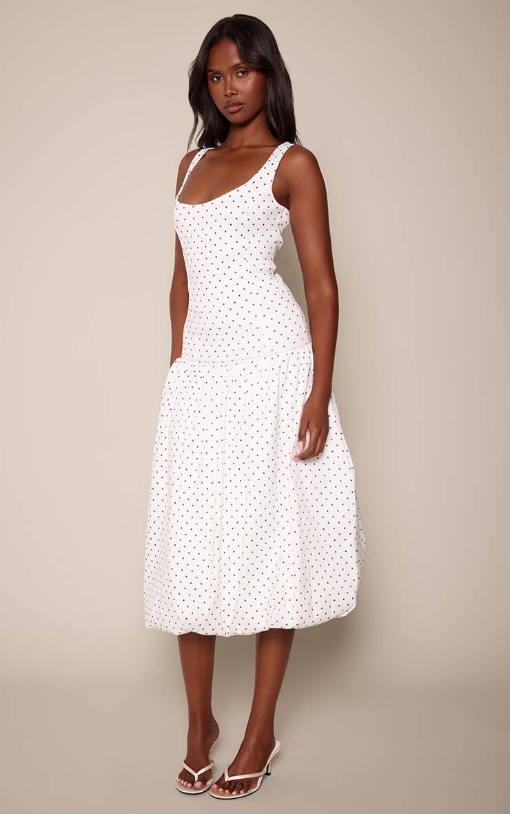 Taupe Robe Midi Tissée Extensible À Taille Basse Et Ourlet Ballon À Pois Blancs