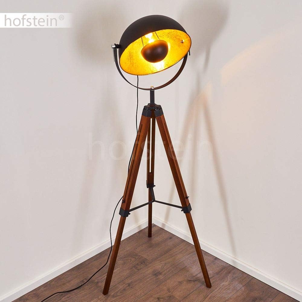 Stehlampe Jupiter, Stehleuchte aus Holz/Metall in Goldfarben/Braun/Schwarz, 1 x E27,Fußschalter am Kabel, verstellbare Stehleuchte mit anpassbaren Stellschrauben, ohne Leuchtmittel