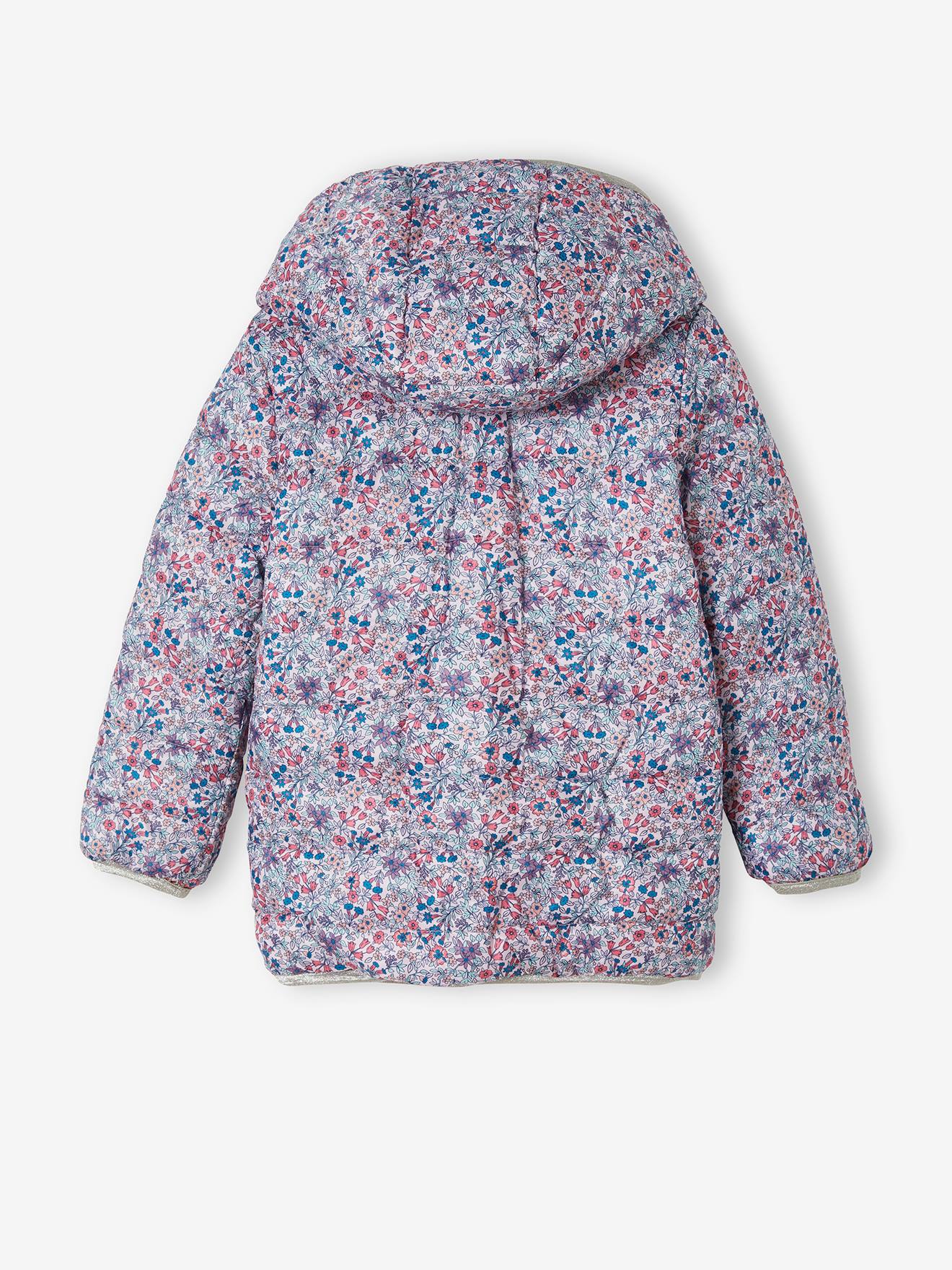 Jaqueta reversível leve com capuz para meninas, estampa rosa vibrante.