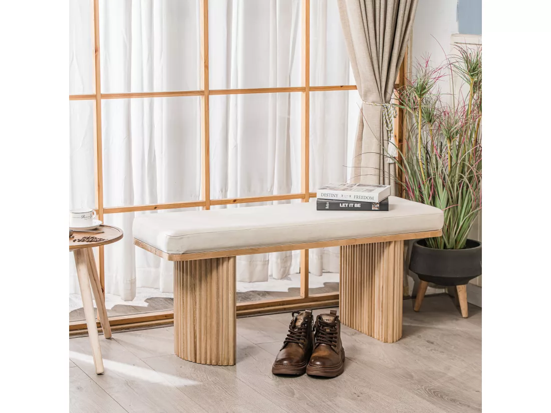 Banc en bois massif et velours beige