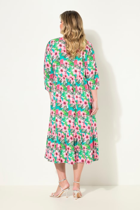 Midikleid, A-Linie, Blütenmuster, Zierband, 3/4-Ärmel