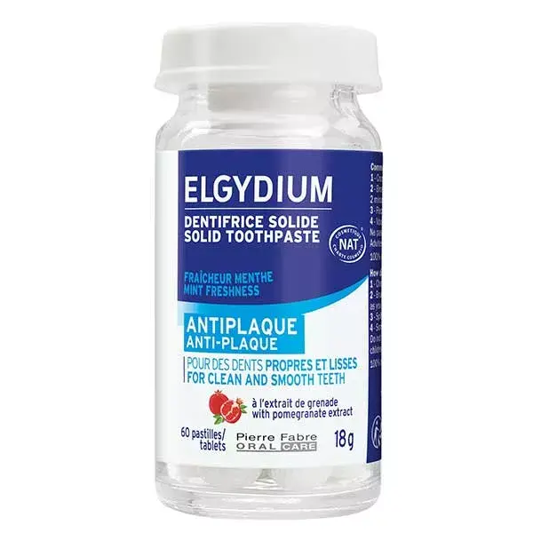 Pasta de dentes sólida antiplaca Elgydium, 60 comprimidos.