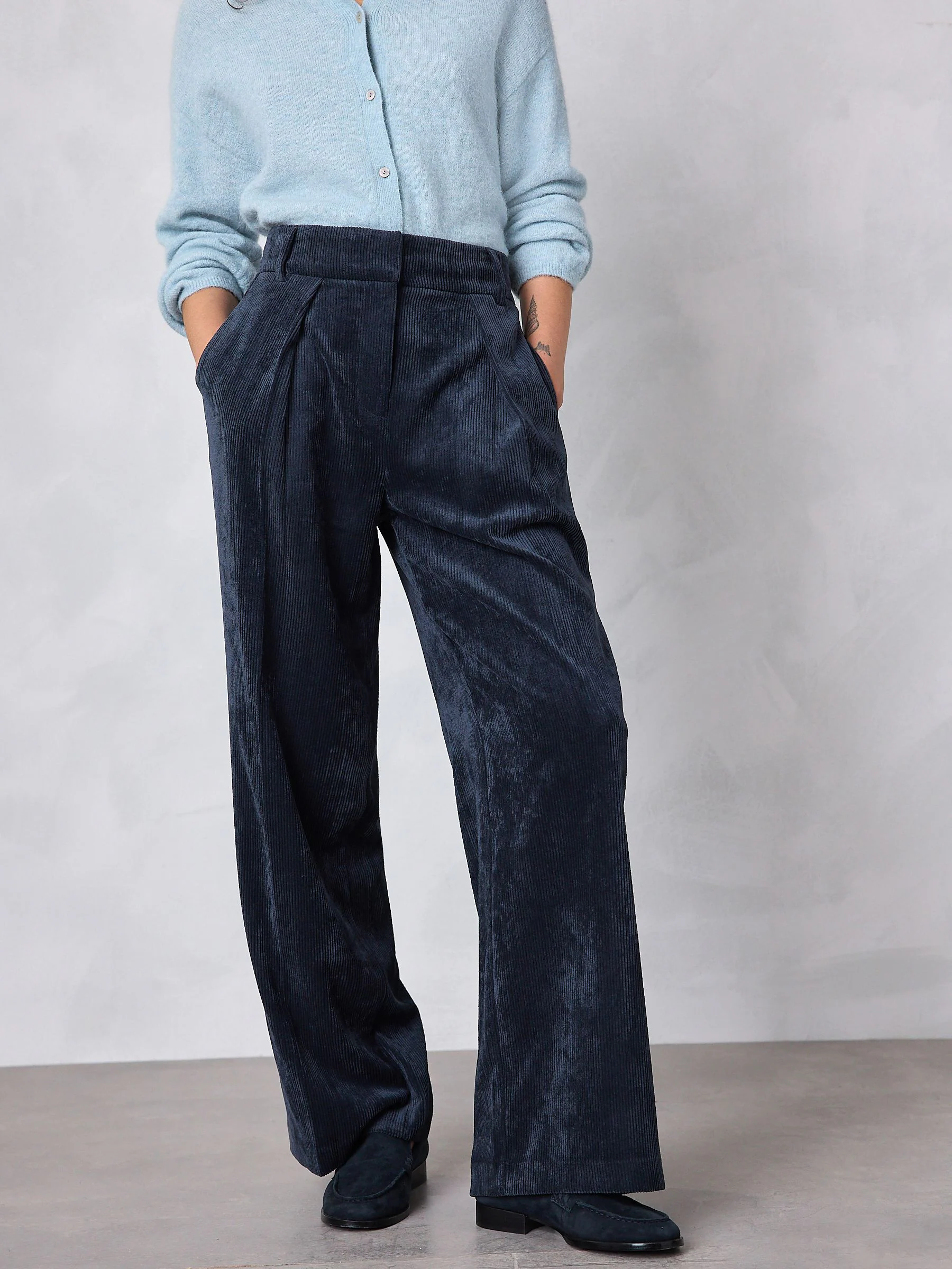 Donkerblauw - Corduroy broek met wijde pijpen