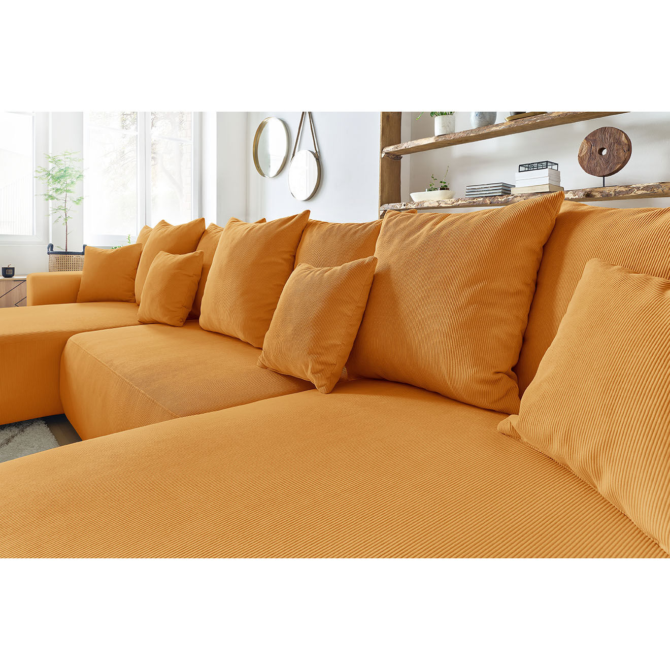 Bobochic Canapé panoramique convertible coffre velours côtelé envy jaune - 386x153x95 cm