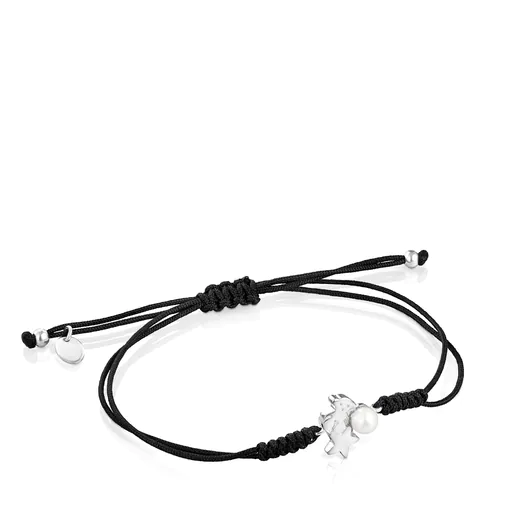 Pulseira de prata com pérola e cordão preto Noturno