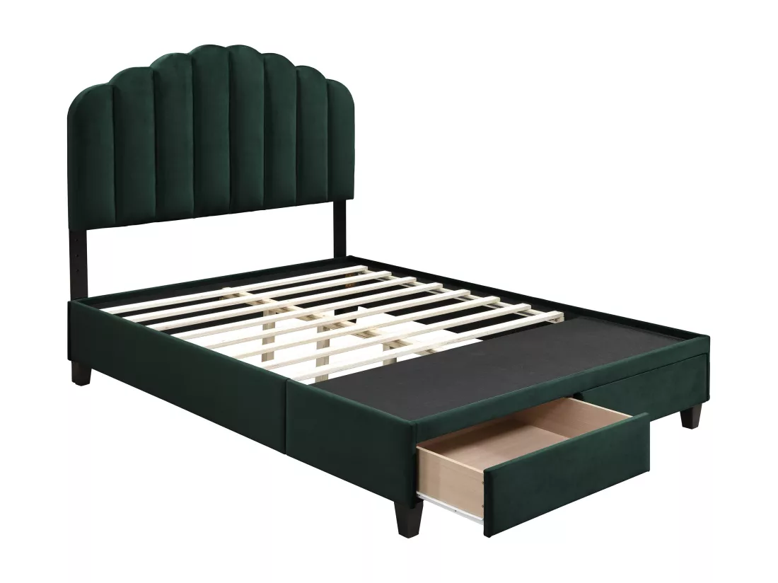 Lit 160 x 200 cm avec tiroirs - Velours - Vert sapin - ILISIO