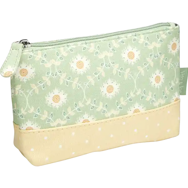 Schminktasche grün / gelb mit Blumen und Punkten
