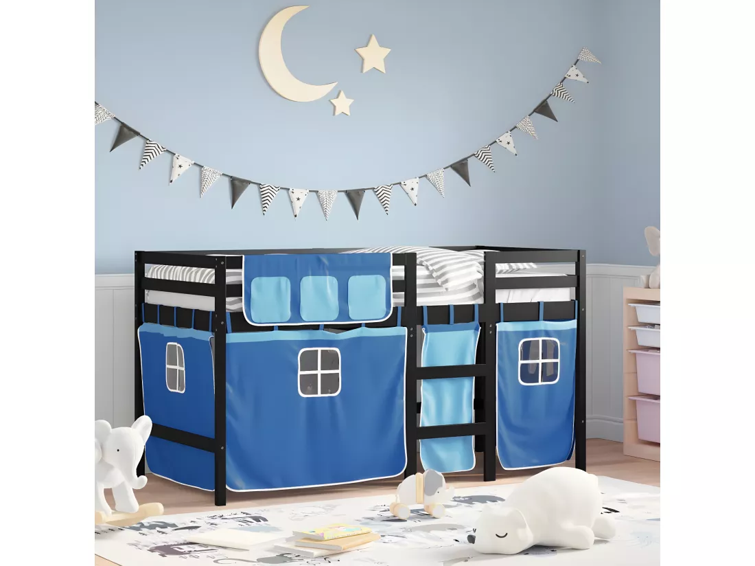 Lit mezzanine enfants et rideaux bleu 90x190cm bois pin massif