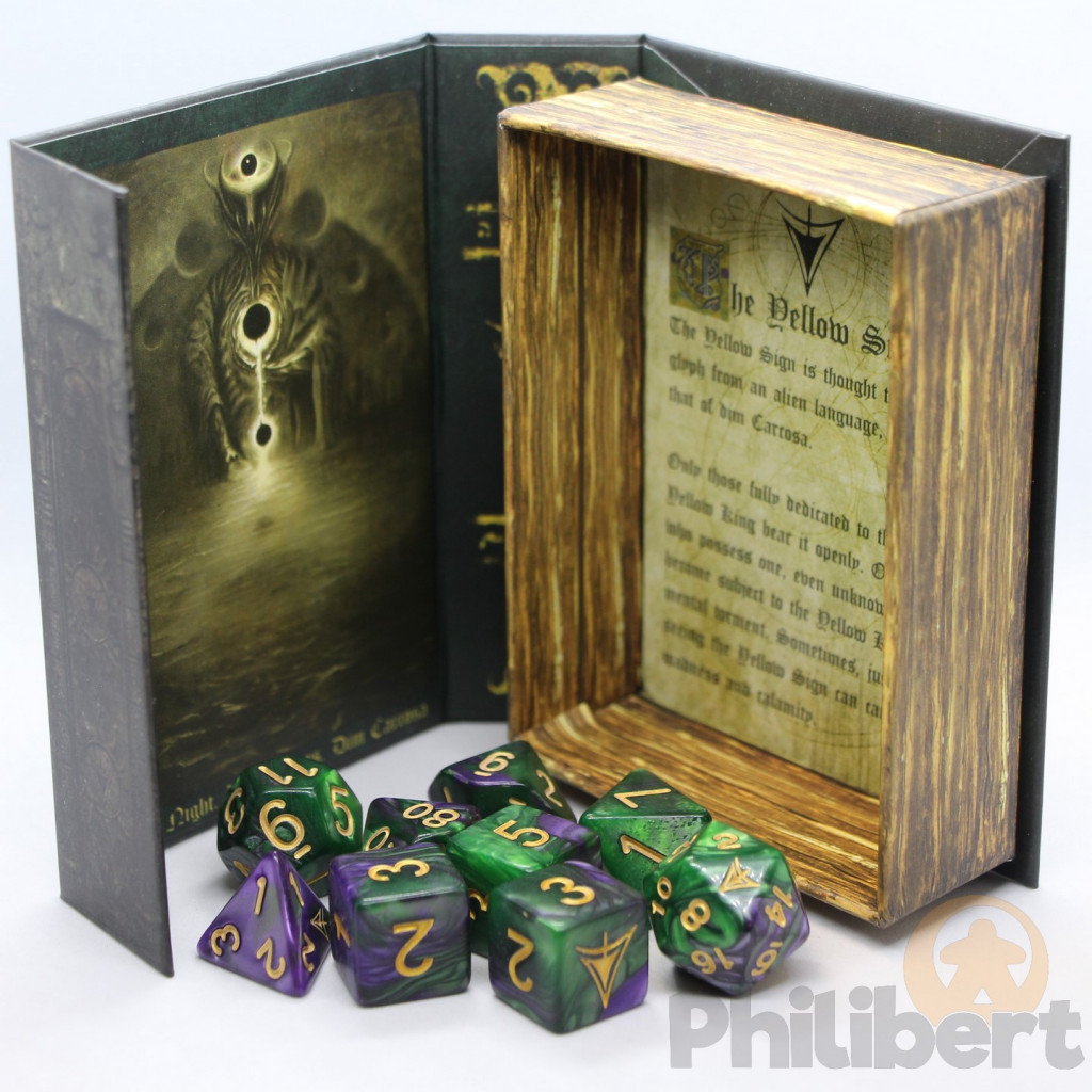 Set de 9 Dés JDR Elder Dice: The Yellow Sign (Purple & Green )