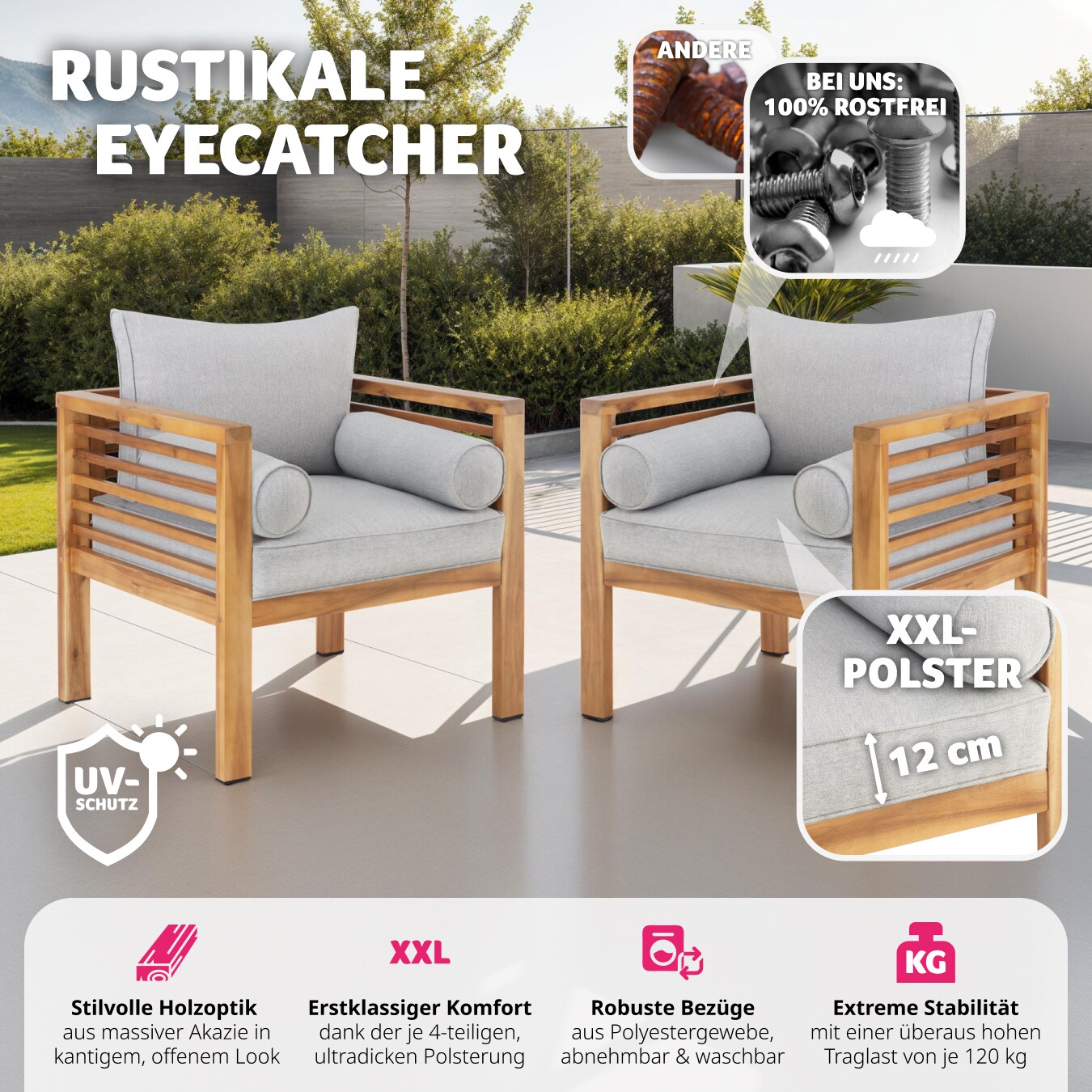 tectake® Garten-Loungesessel, mit lasiertem Holzgestell, Dicke der Sitzpolster 12 cm, bodenschonende Kunststoffkappen, 72 x 63 x 64,5 cm