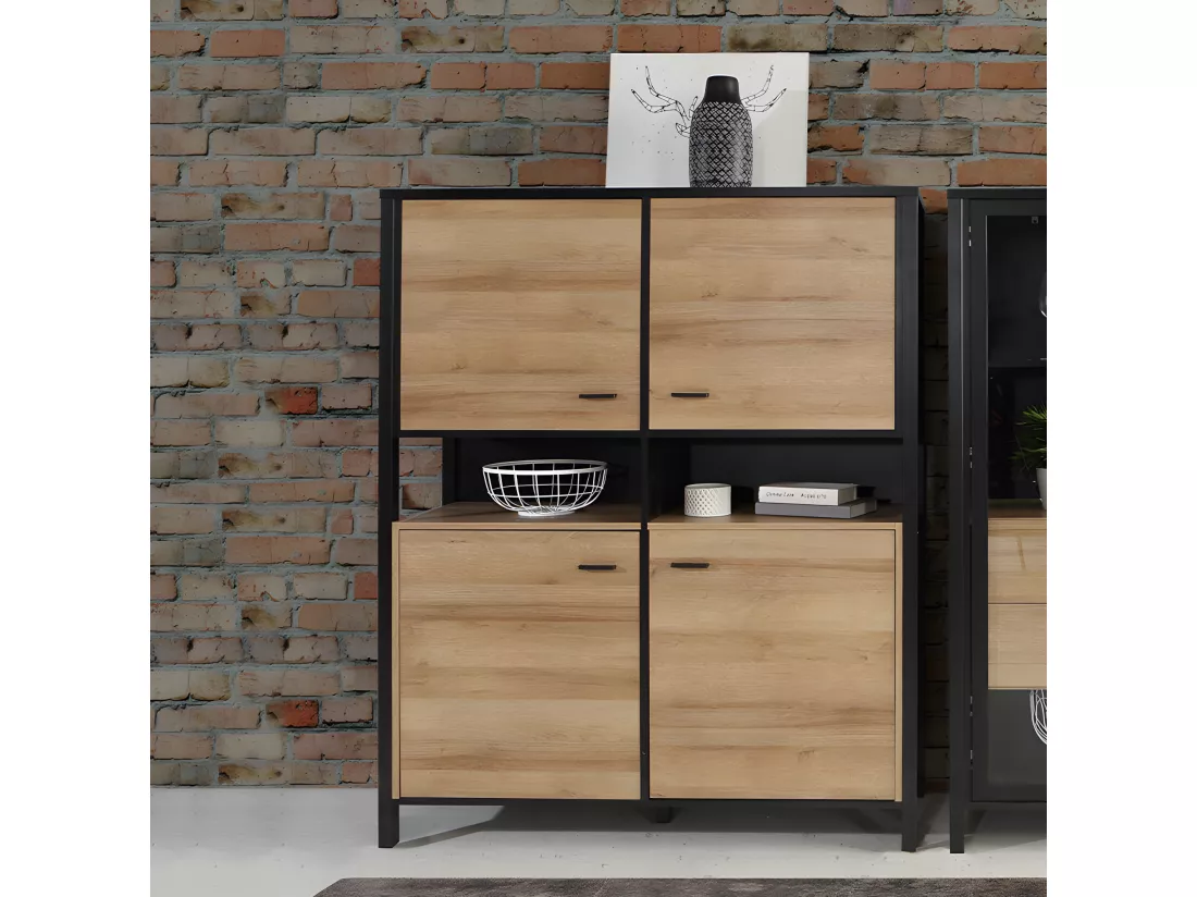 Vaisselier 121 cm 4 portes 2 niches décor bois de chêne et noir - MODE
