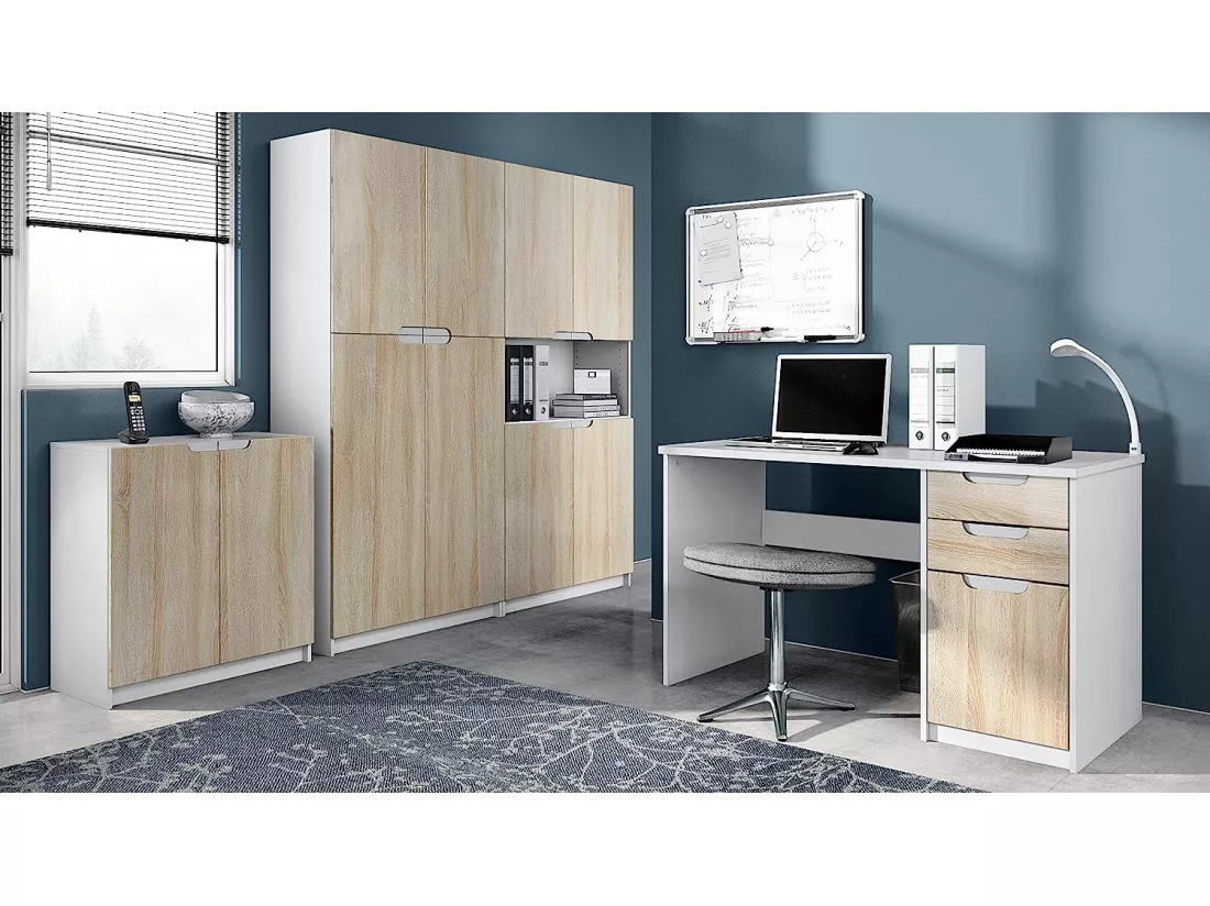 Ensemble de Meubles de Bureau Corps en Blanc Mat et Façades en Chêne Brut