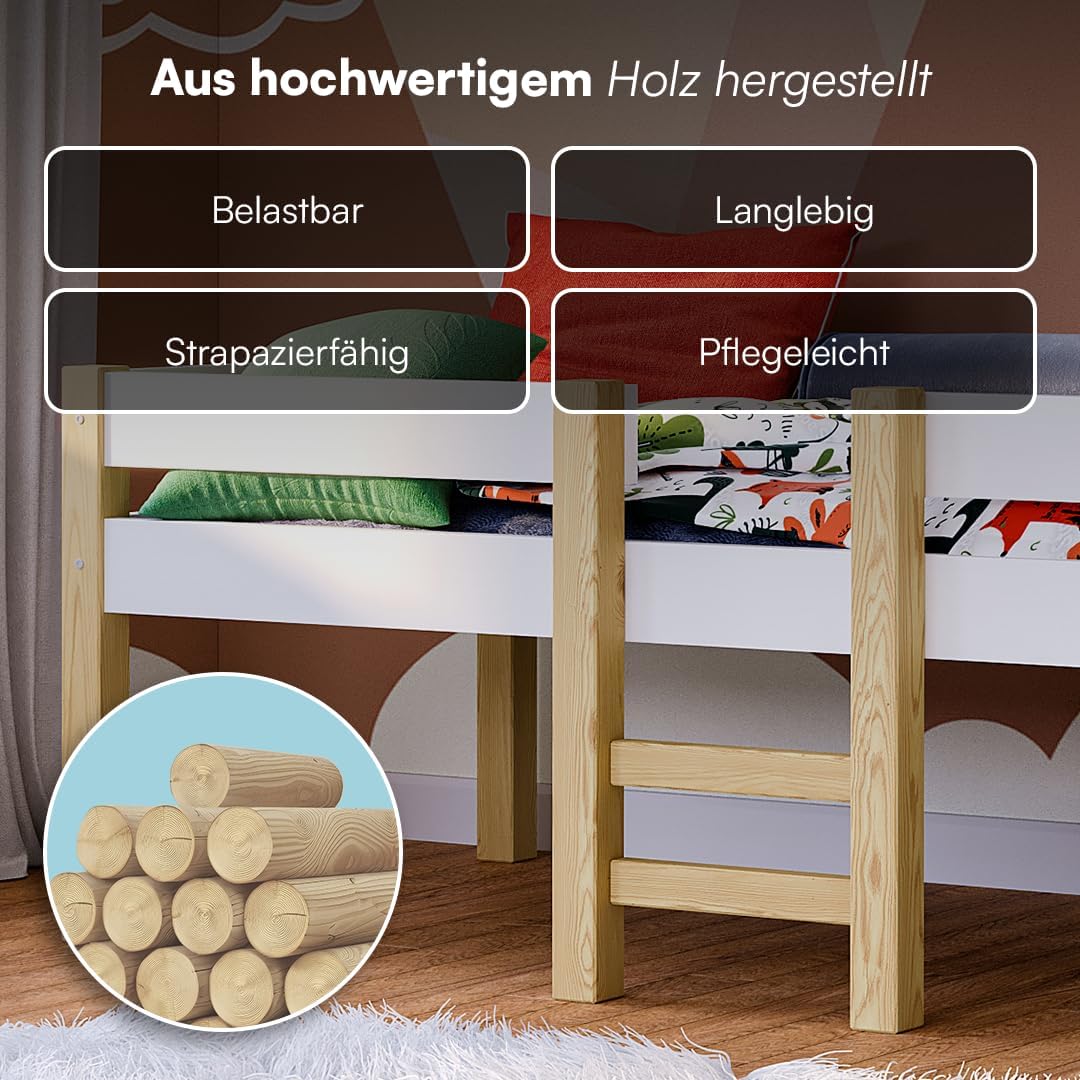 Bellabino Aspy Kinderbett 90x200 cm – Hochbett mit Rausfallschutz & Lattenrost – Halbhochbett mit Leiter aus Kiefer Massivholz in Weiß/Natur – Jugendbett für Jungen und Mädchen