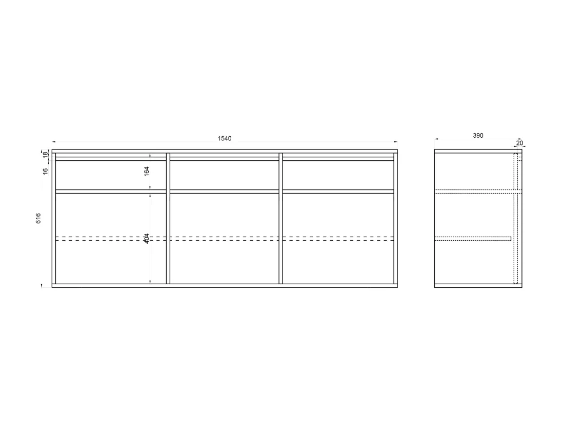 Buffet à trois portes - 154 cm - avec tiroirs - suspendu - crème - EVO