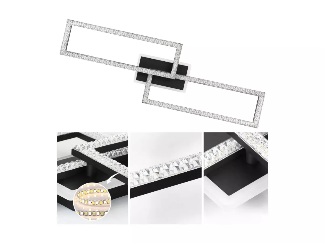 NETTLIFE Plafonnier LED Salon Dimmable 56W Noir Lampe de Salon Design Cristal Moderne Lampe de Chambre avec Télécommande Lampe de Cuisine Chambre