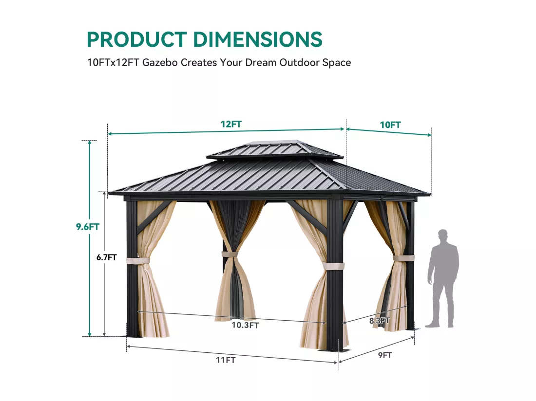 YITAHOME Pavillon de Jardin - en fer - 3 x 3.65m - avec Filet et Rideaux - Tente d'Extérieur - pour Patio - Noir