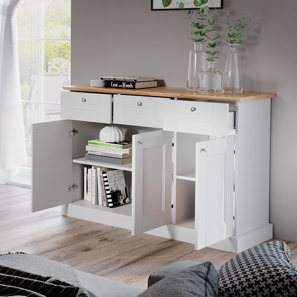 Vicco Sideboard Kommode Mehrzweckschrank Bergamo Weiß Eiche Wohnzimmer Schrank 121x87 cm Vintage Ablage Schublade Schranktür Anrichte Wohnzimmermöbel