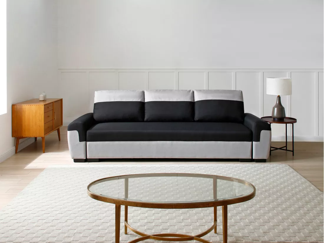 Canapé 3 places convertible en tissu noir et gris clair GABY II