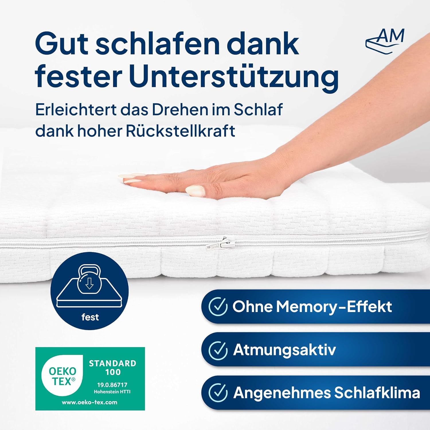 AM Qualitätsmatratzen Topper 180x200cm hart - Made in Germany - Oeko TEX zertifizierter Matratzen Topper 180x200 H4 / H3 für Boxspringbett - Feste Matratzenauflage 180x200 mit waschbarem Bezug