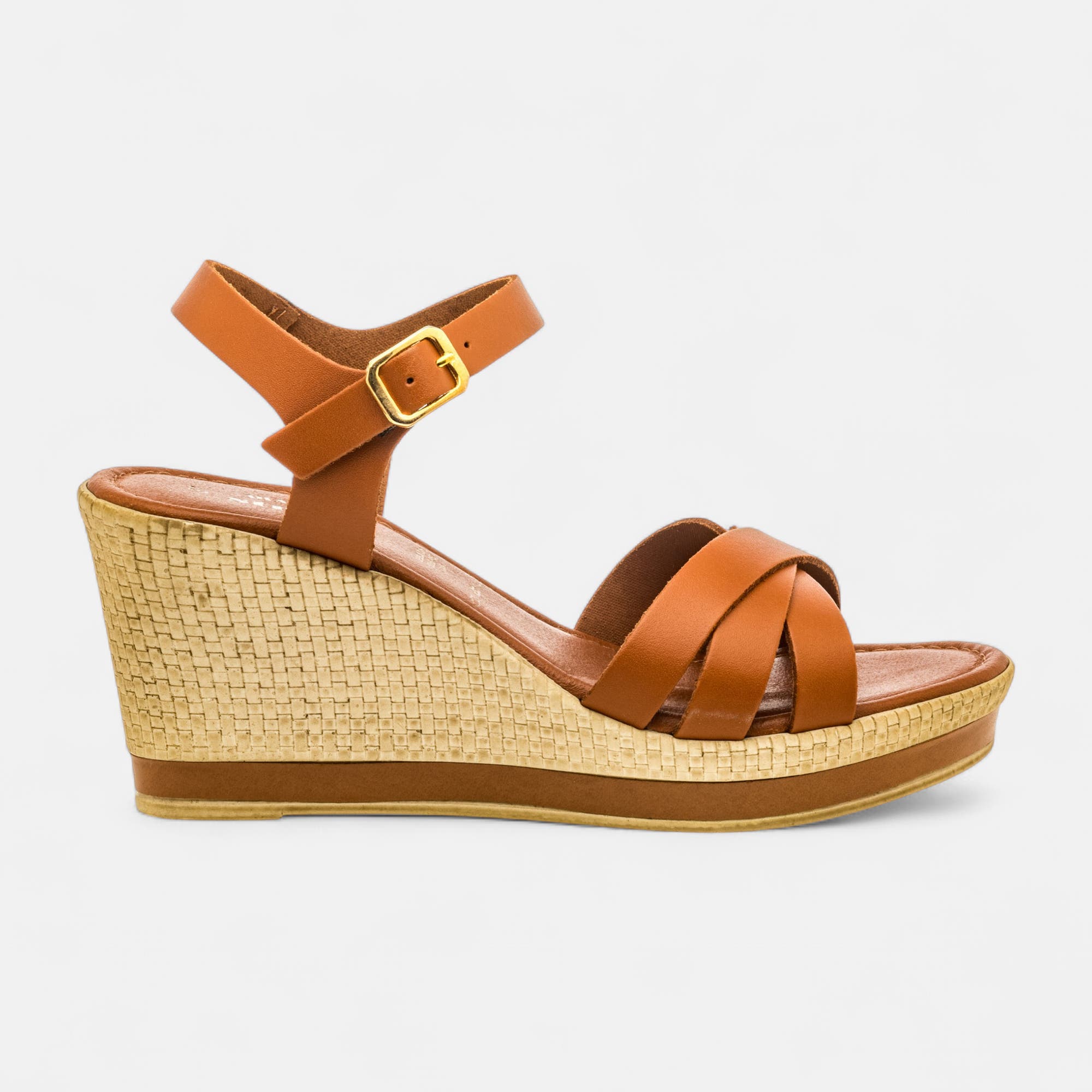Nu-pieds à talon compensé Femme en cuir cognac
