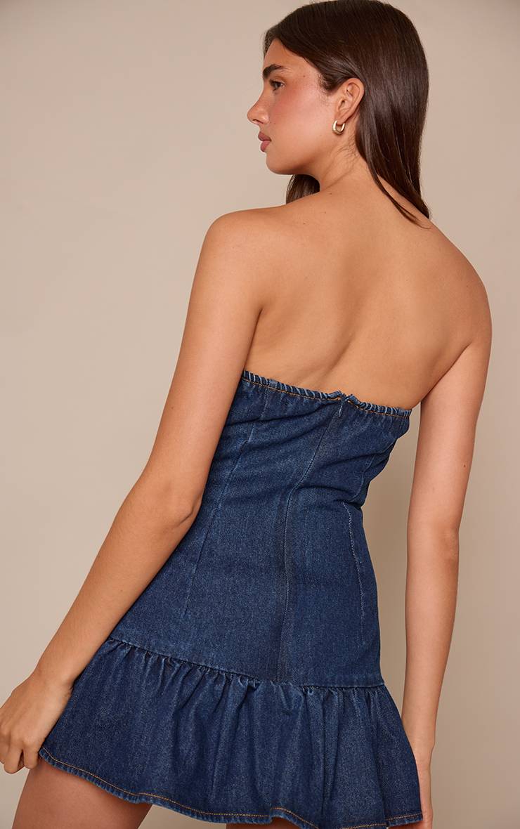 Bleu Indigo Robe Mini En Denim Plissée À Bustier Avec Détail Boutons