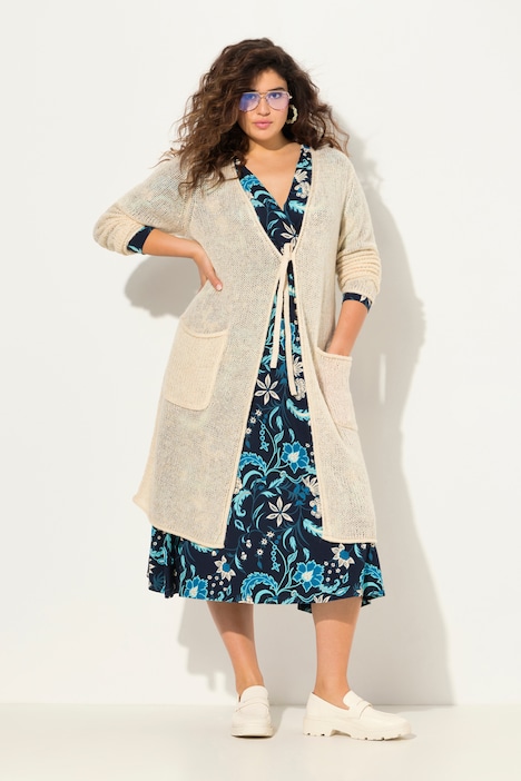 Long-Strickjacke, Bindeband, V-Ausschnitt, Rollkanten