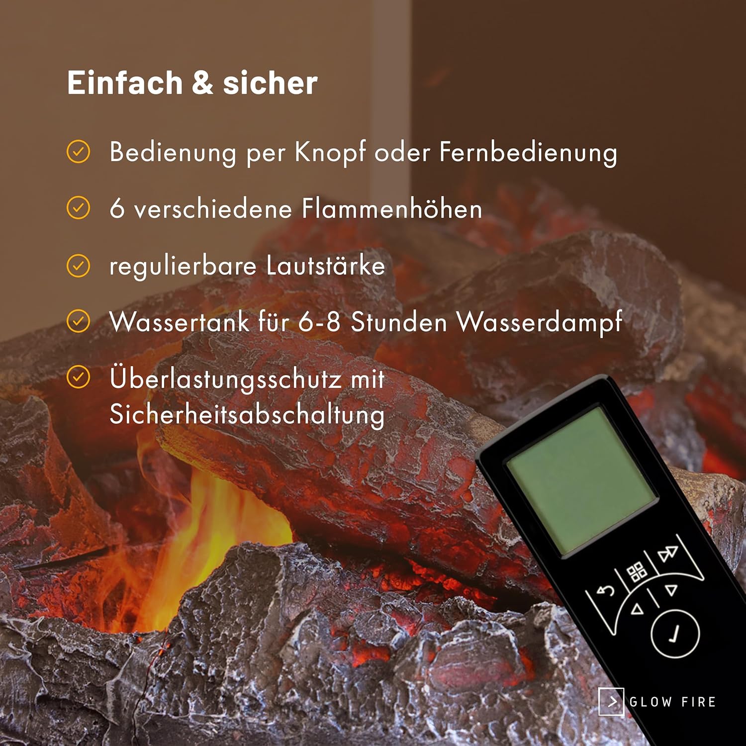 GLOW FIRE Wasserdampf Kamin OGF 1 Mini (Standkamin) - Elektrokamin mit realistischen LED 3D-Flammen, Knistereffekt & Fernbedienung, 55x96x40 cm - Opti-Myst 400 Elektro Kamin, Grau