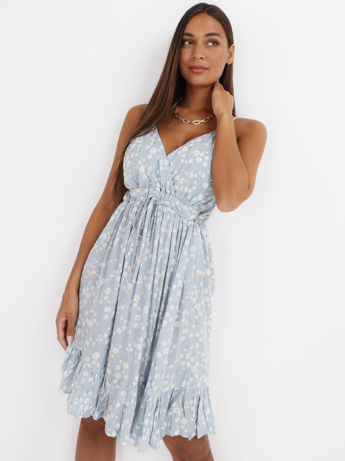 Robe fleurie col cache coeur à volants- Bleu clair