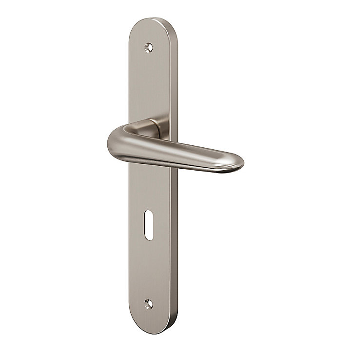Ensemble poignée sur plaque Droit serrure GoodHome Mehaban effet nickel satin gris L.120mm x l.40mm entraxe 195mm